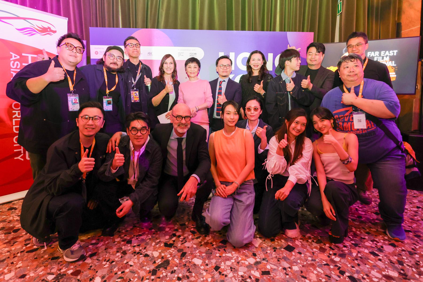 The Cultural and Creative Industries Development Agency of the Culture, Sports and Tourism Bureau and the Hong Kong Film Development Council led an industry delegation to participate in the 27th Far East Film Festival in Udine, Italy. Photos shows Assistant Commissioner for Cultural and Creative Industries and Secretary-General of the Film Development Council Mr Gary Mak (sixth left, back row) extending his congratulations to director and actress Sylvia Chang (fifth left, back row) on receiving the Golden Mulberry Award for Lifetime Achievement of the 27th Far East Film Festival at the 